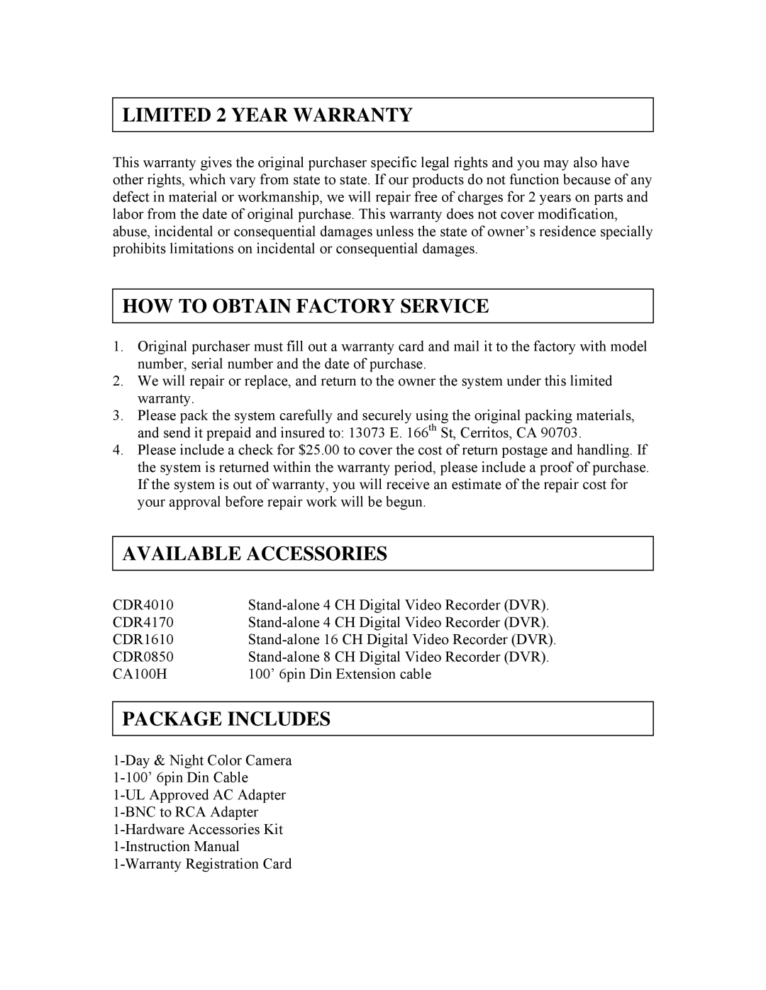 Clover Electronics HDC560 Limited 2 Year Warranty, HOW to Obtain Factory Service, Available Accessories, Package Includes 