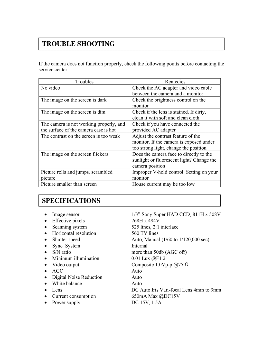 Clover Electronics HDC577 instruction manual Trouble Shooting, Specifications 