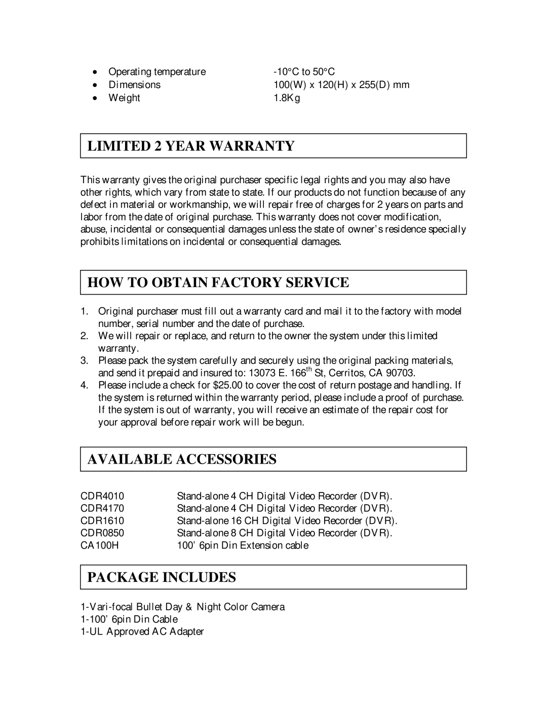 Clover Electronics HDC577 Limited 2 Year Warranty, HOW to Obtain Factory Service, Available Accessories, Package Includes 