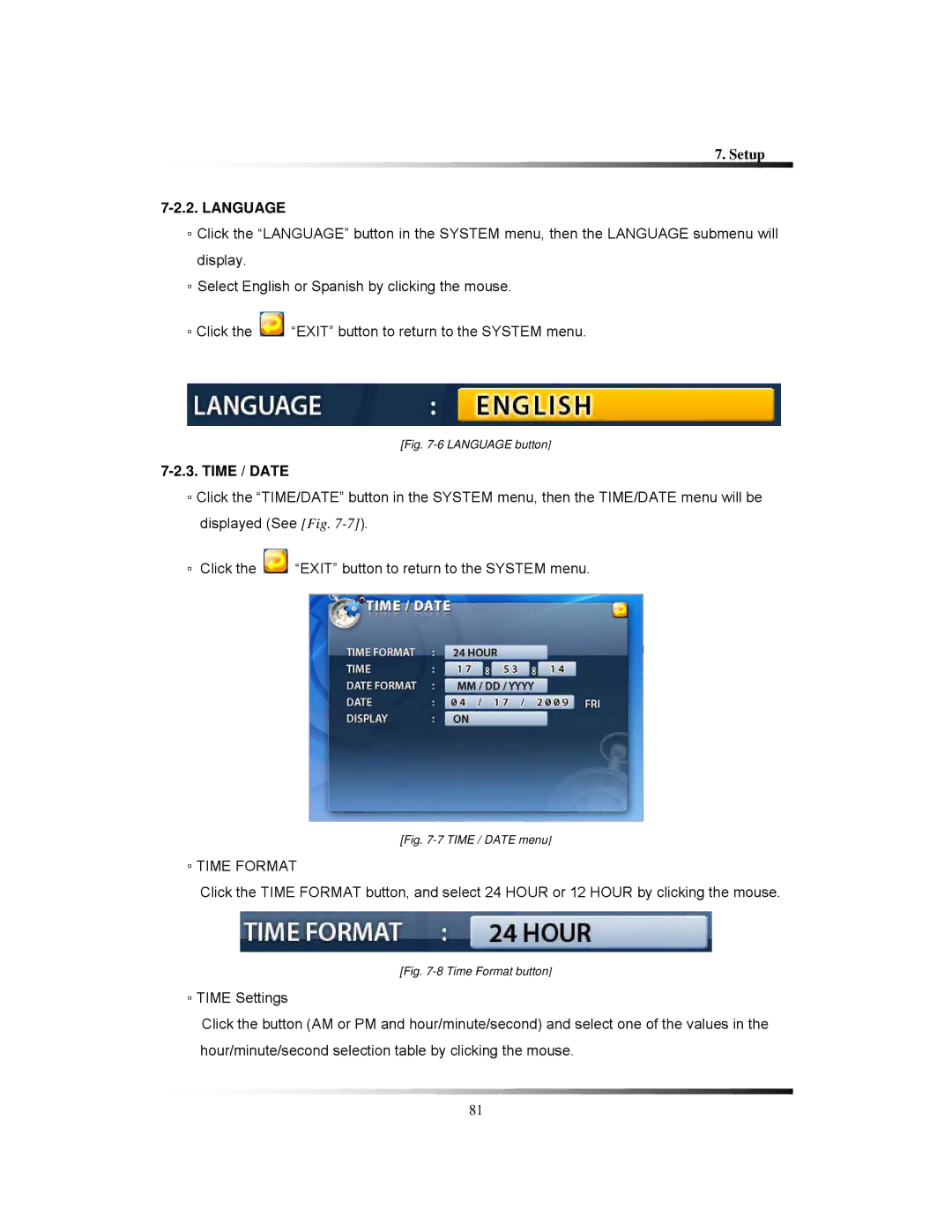 Clover Electronics LCD2084, LCD2088 instruction manual Language, Time / Date, Time Format 