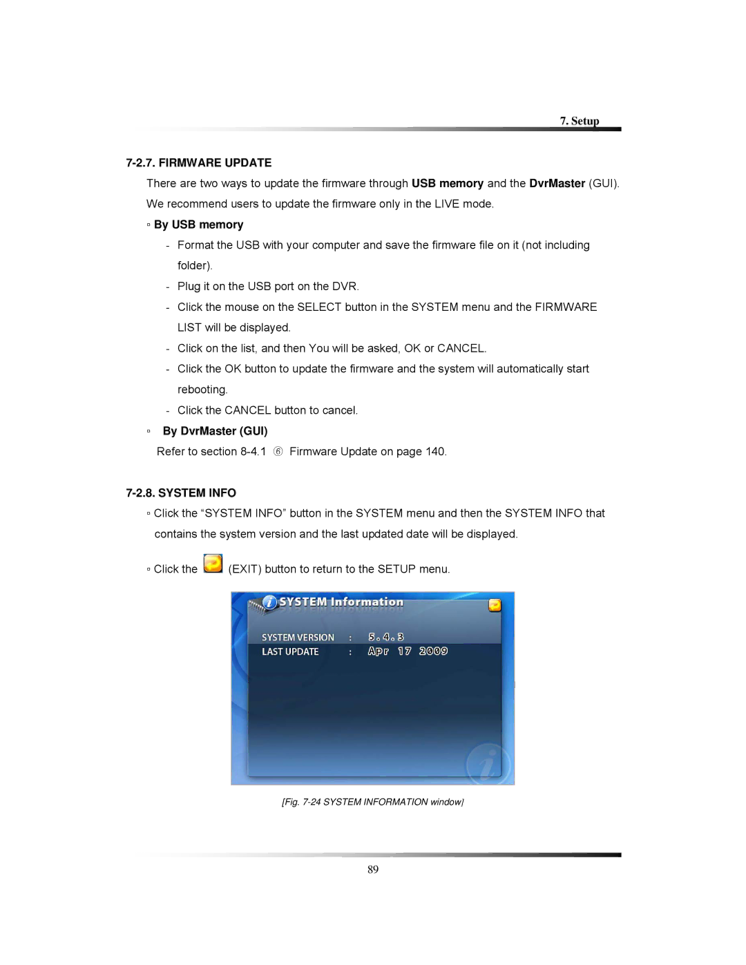 Clover Electronics LCD2084, LCD2088 instruction manual Firmware Update, By USB memory, By DvrMaster GUI, System Info 