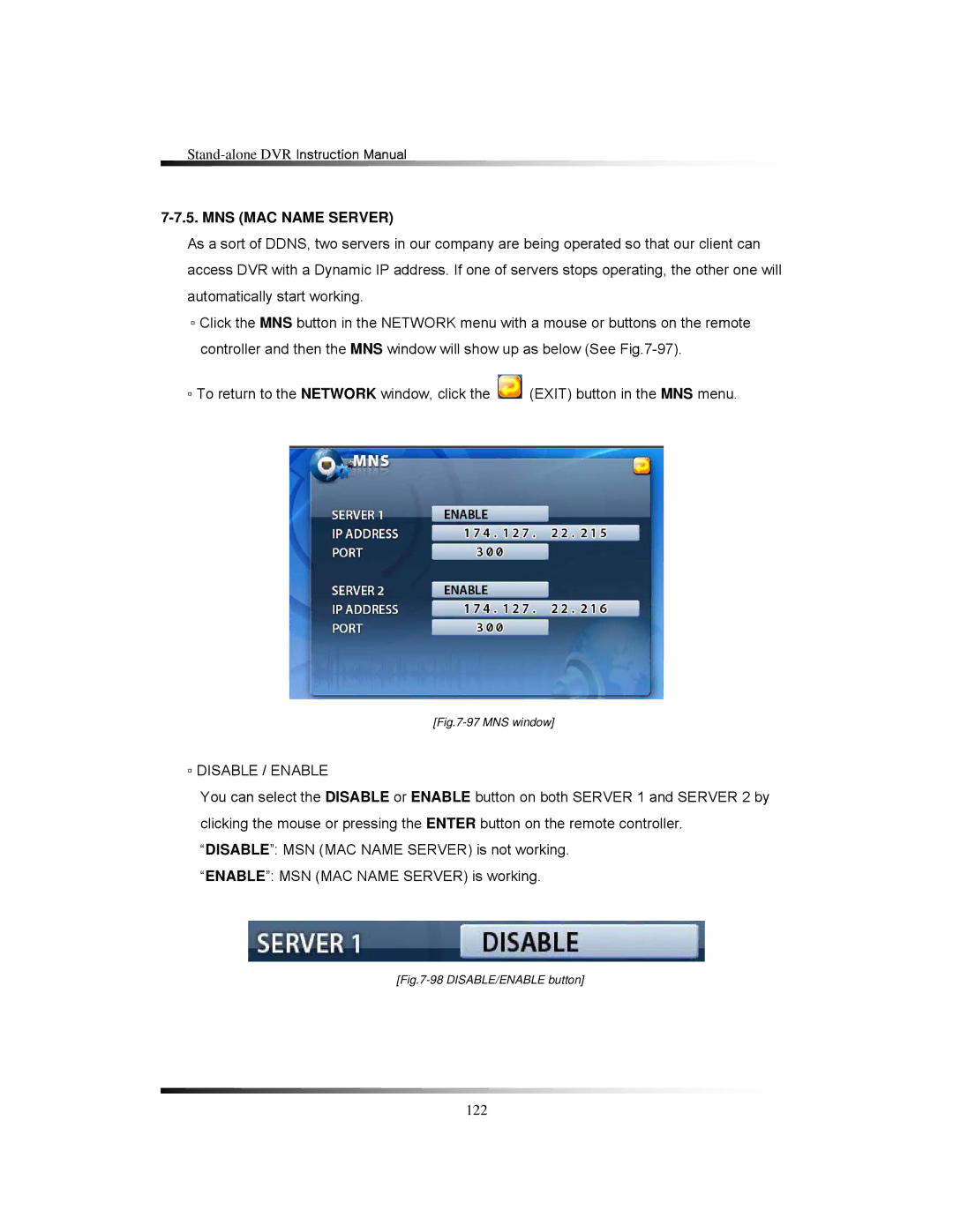 Clover Electronics LCD26168, LCD261616, LCD26164 instruction manual MNS MAC Name Server, Disable / Enable 