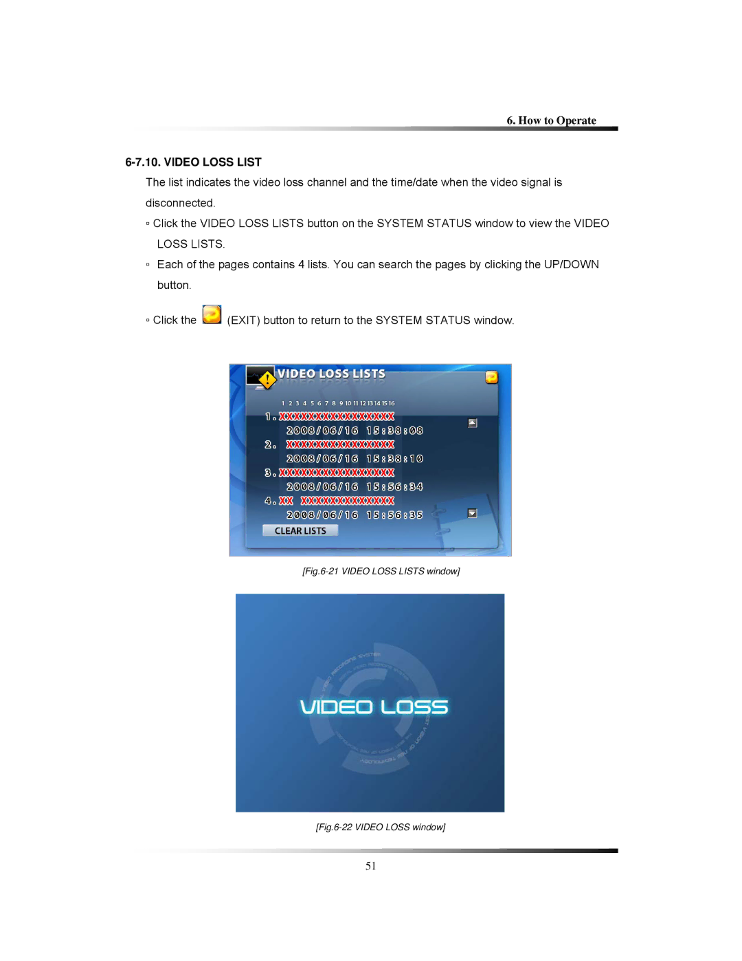 Clover Electronics LCD261616, LCD26164, LCD26168 instruction manual Video Loss Lists window 