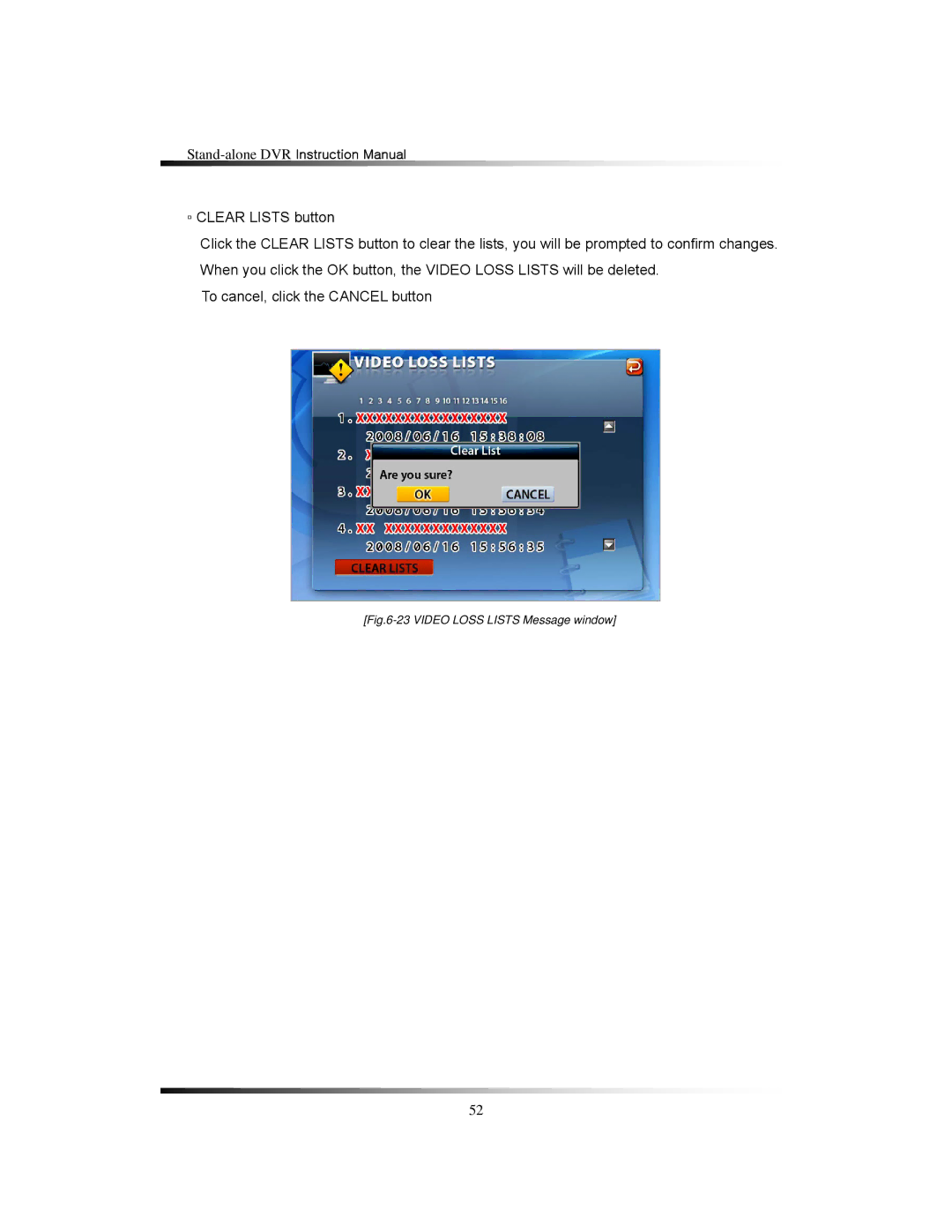 Clover Electronics LCD26164, LCD261616, LCD26168 instruction manual Video Loss Lists Message window 