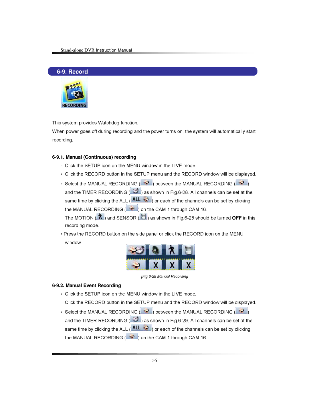 Clover Electronics LCD26168, LCD261616, LCD26164 instruction manual Manual Continuous recording, Manual Event Recording 