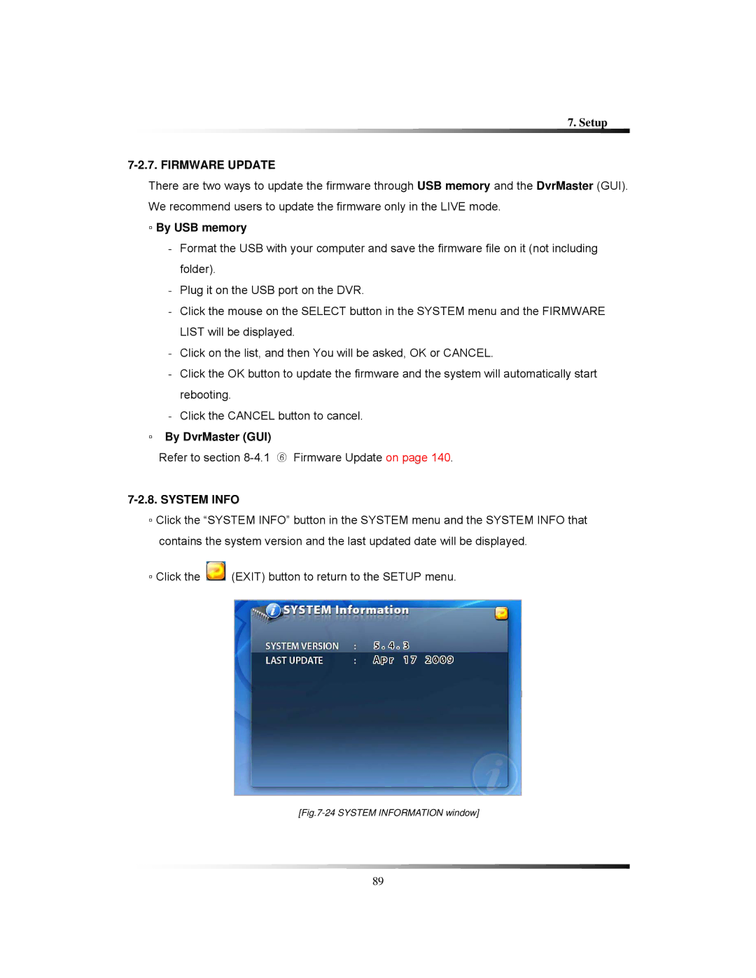 Clover Electronics LCD26168, LCD261616, LCD26164 Firmware Update, By USB memory, By DvrMaster GUI, System Info 