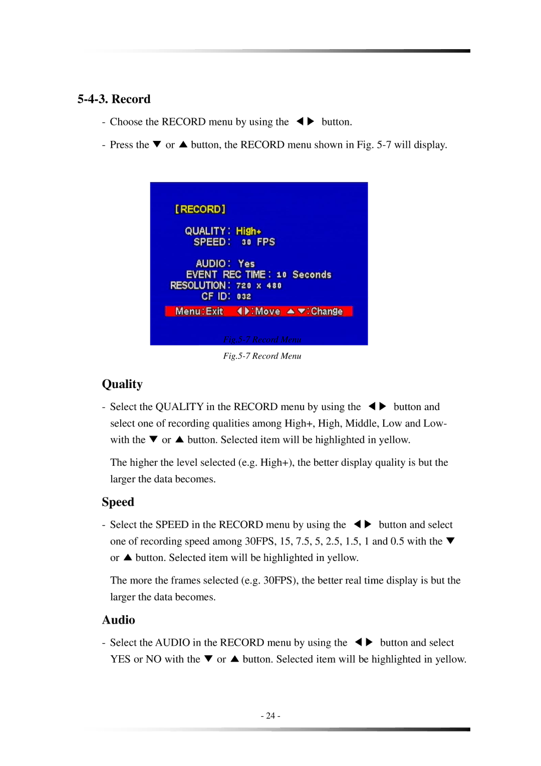 Clover Electronics MVR1020 instruction manual Record, Quality, Speed, Audio 