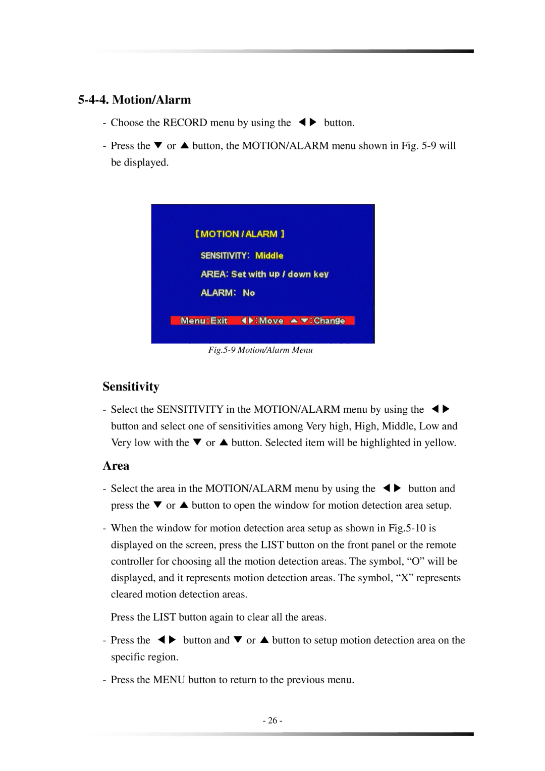 Clover Electronics MVR1020 instruction manual Motion/Alarm, Sensitivity, Area 