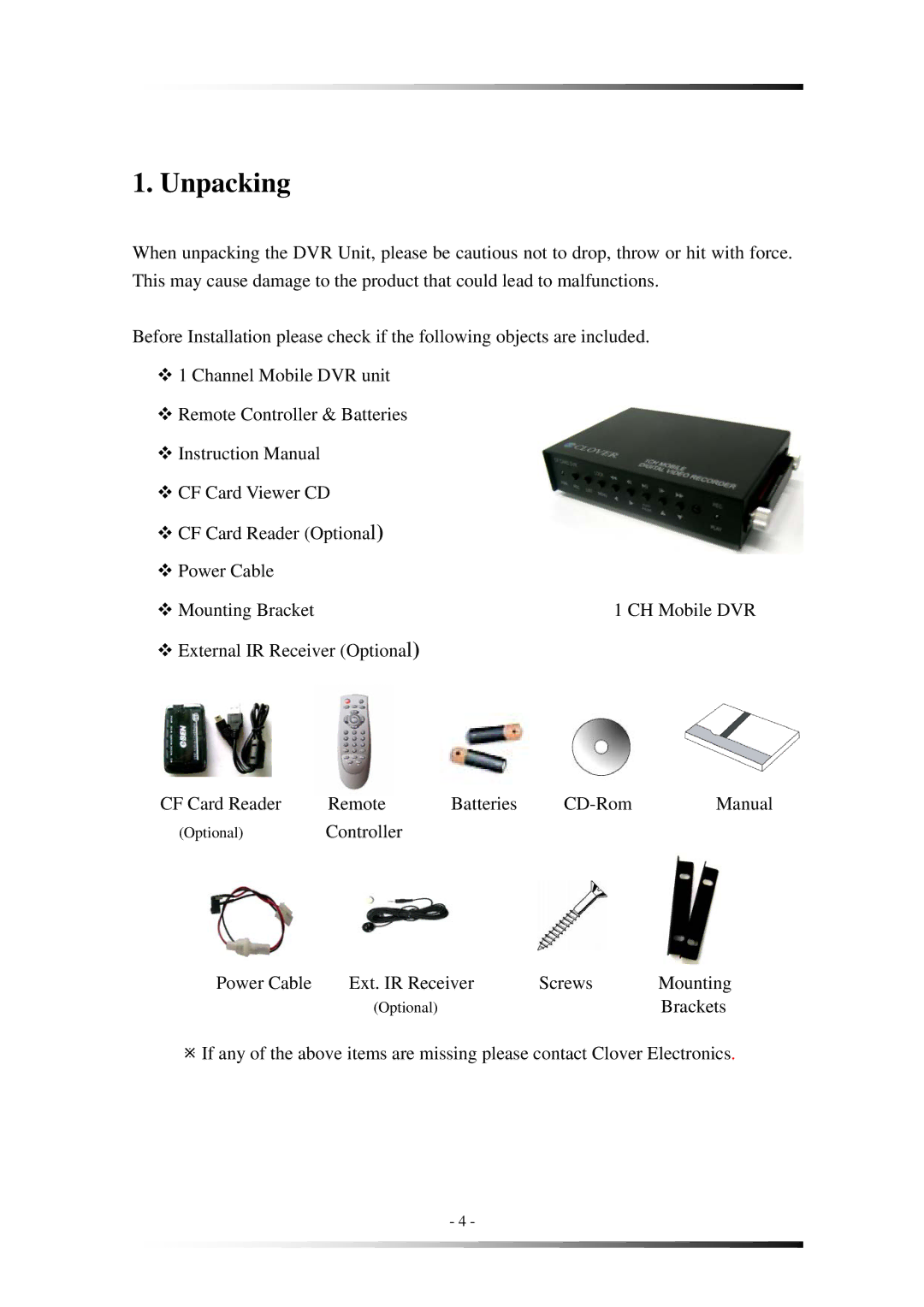 Clover Electronics MVR1020 instruction manual Unpacking 