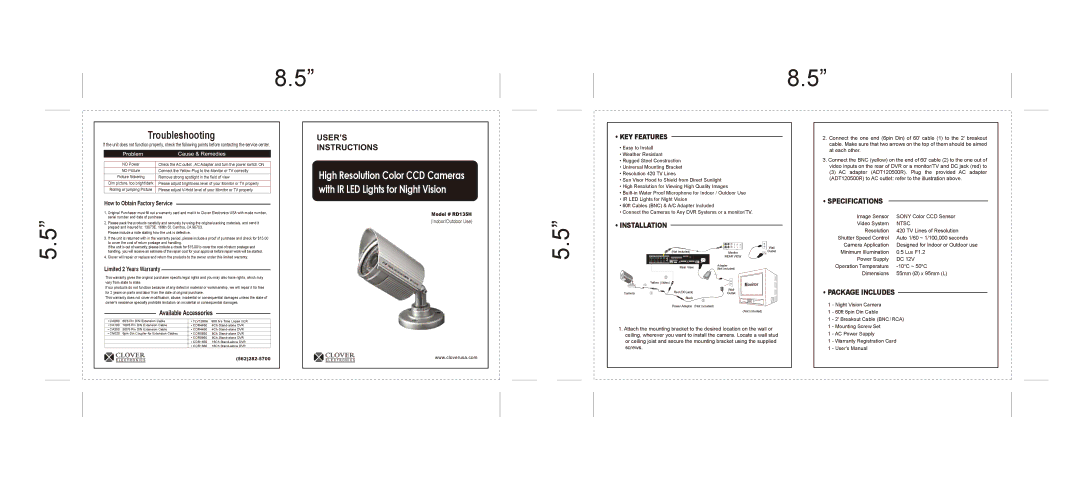 Clover Electronics RD135H warranty KEY Features, Installation, Specifications, Package Includes 