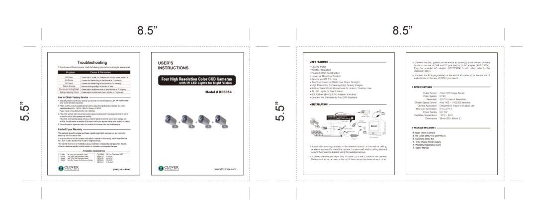 Clover Electronics RD3354 warranty KEY Features, Installation 