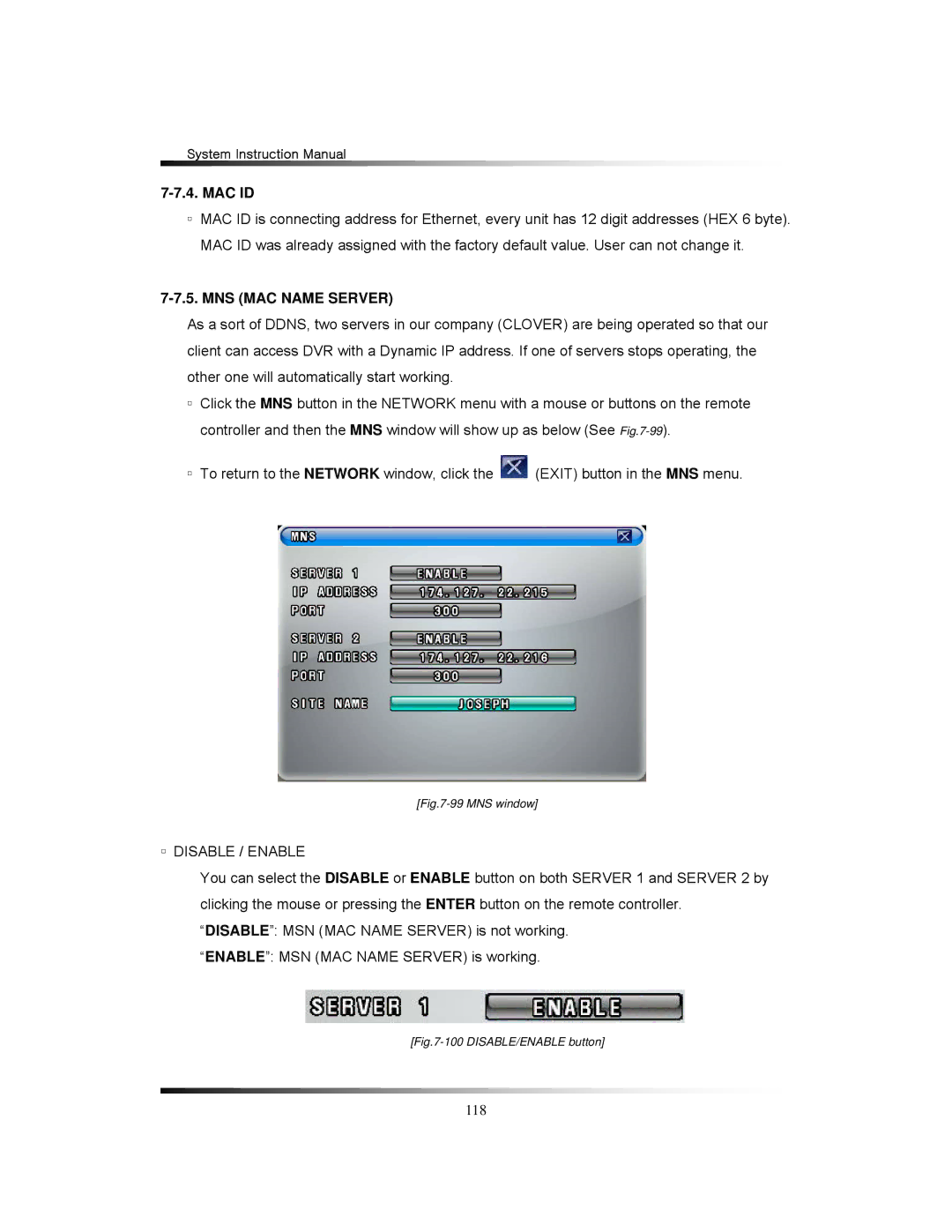 Clover Electronics LCD2284DVR, TFT2284C, TFT2288C, LCD2288DVR instruction manual Mac Id, MNS MAC Name Server, Disable / Enable 