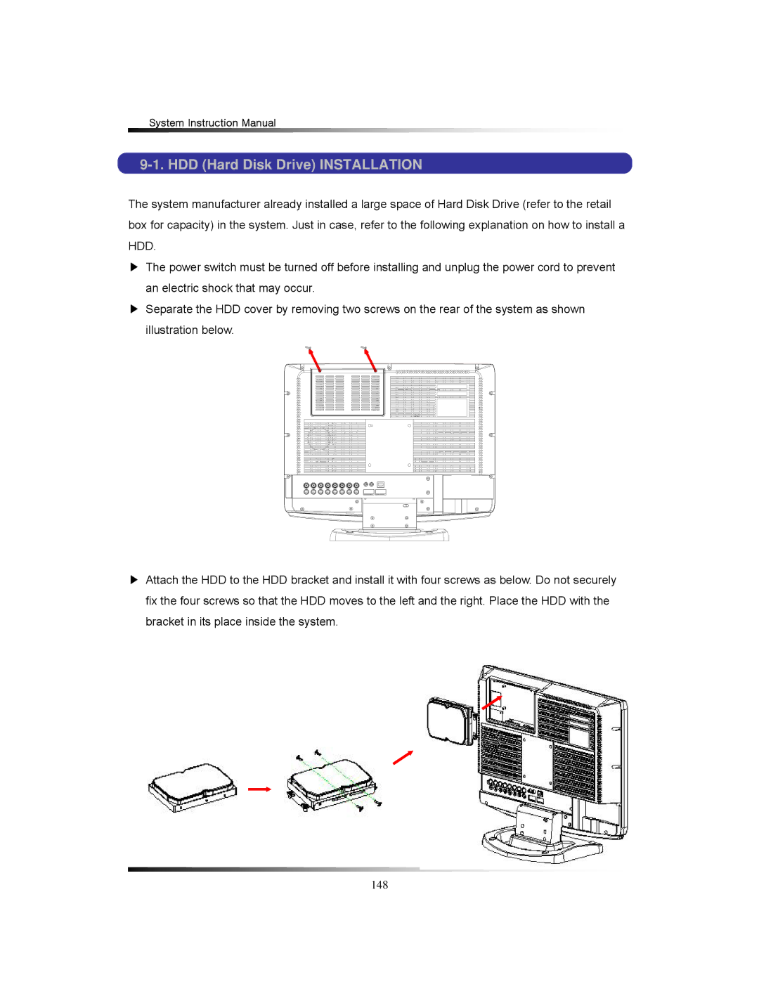 Clover Electronics TFT2284C, TFT2288C, LCD2284DVR, LCD2288DVR instruction manual HDD Hard Disk Drive Installation 