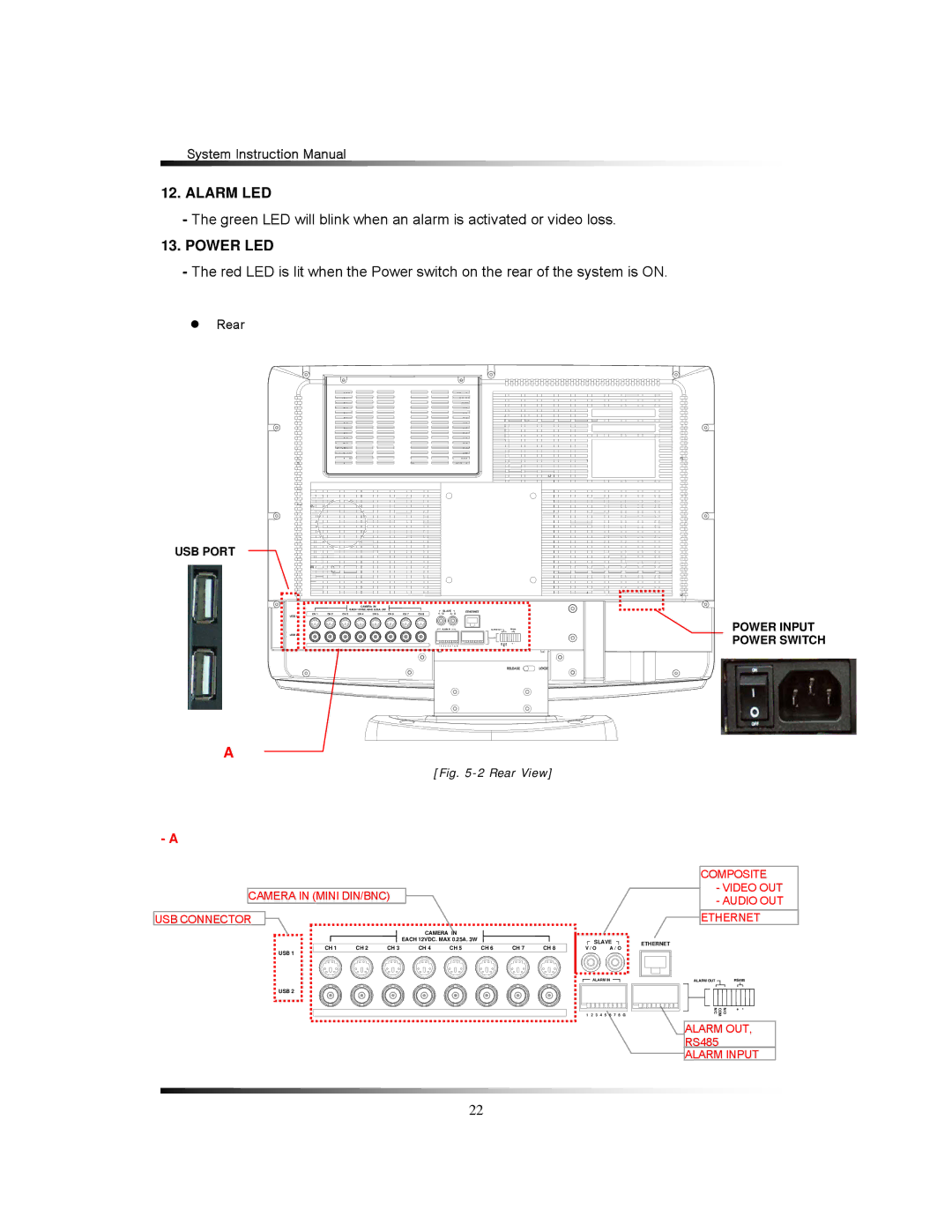 Clover Electronics LCD2284DVR, TFT2284C, TFT2288C, LCD2288DVR instruction manual Alarm LED, Power LED 