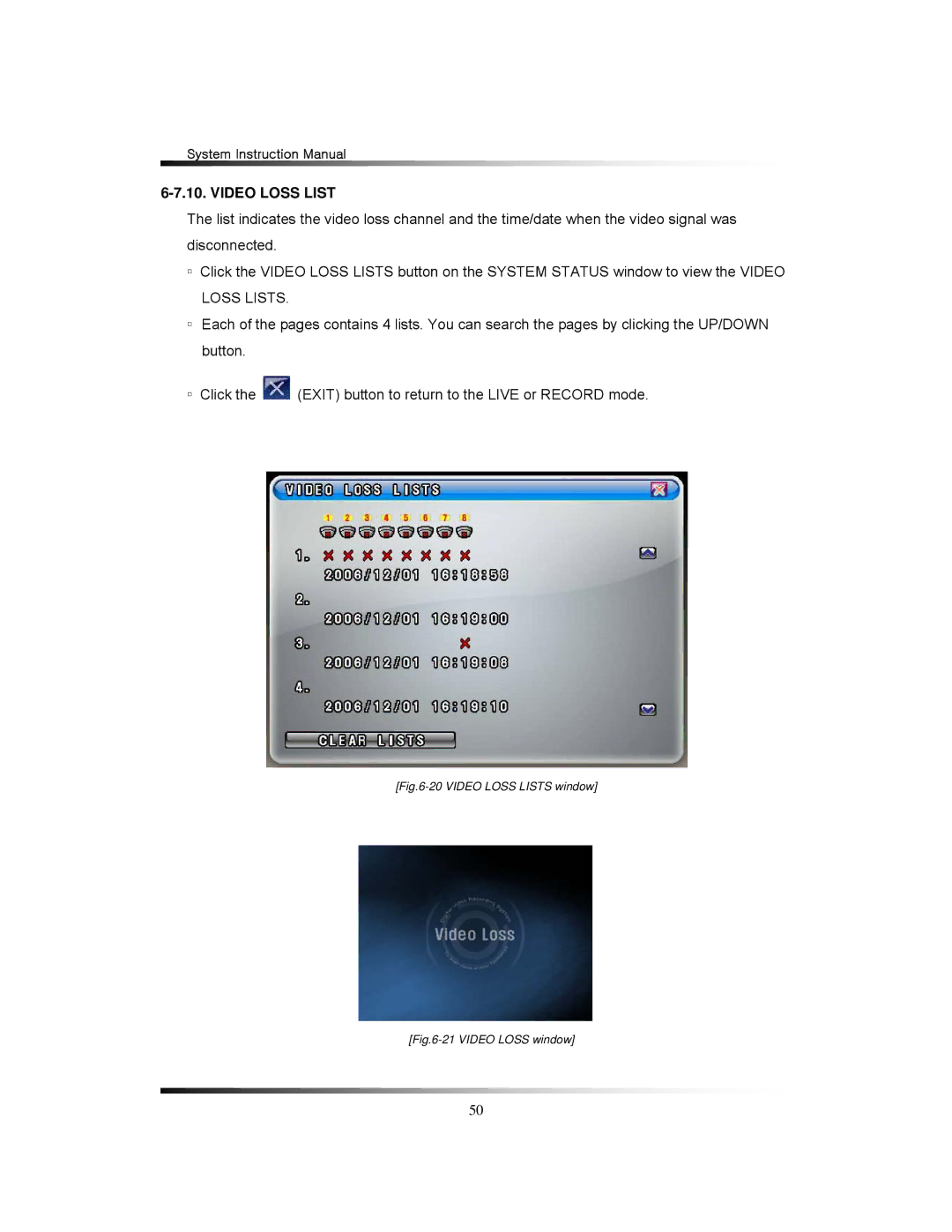 Clover Electronics LCD2284DVR, TFT2284C, TFT2288C, LCD2288DVR instruction manual Video Loss Lists window 