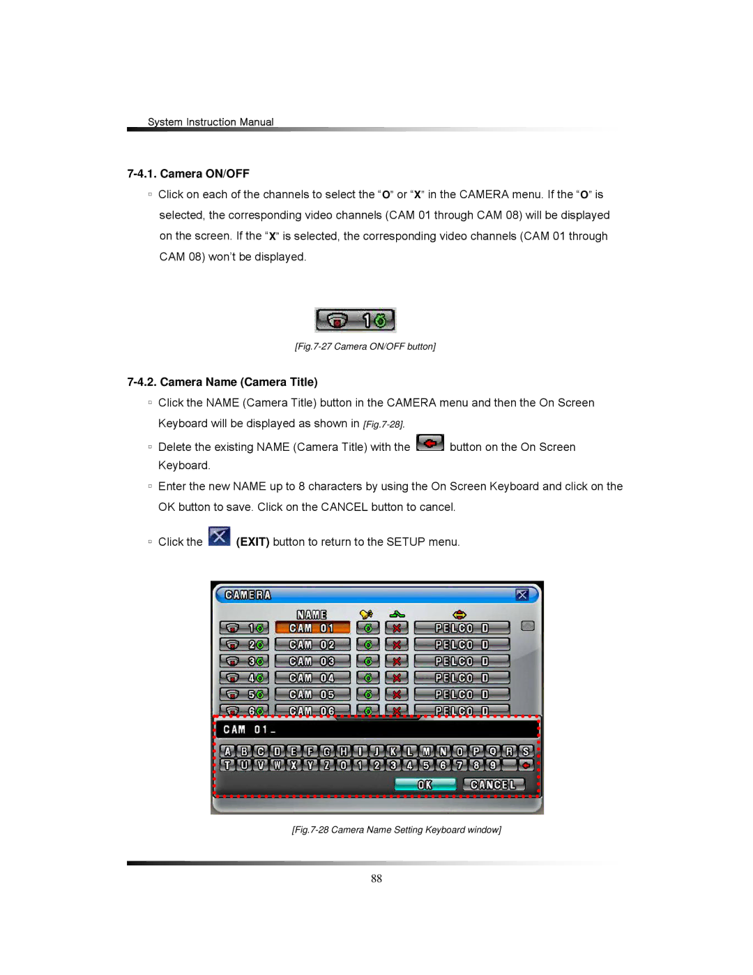 Clover Electronics TFT2284C, TFT2288C, LCD2284DVR, LCD2288DVR instruction manual Camera ON/OFF, Camera Name Camera Title 