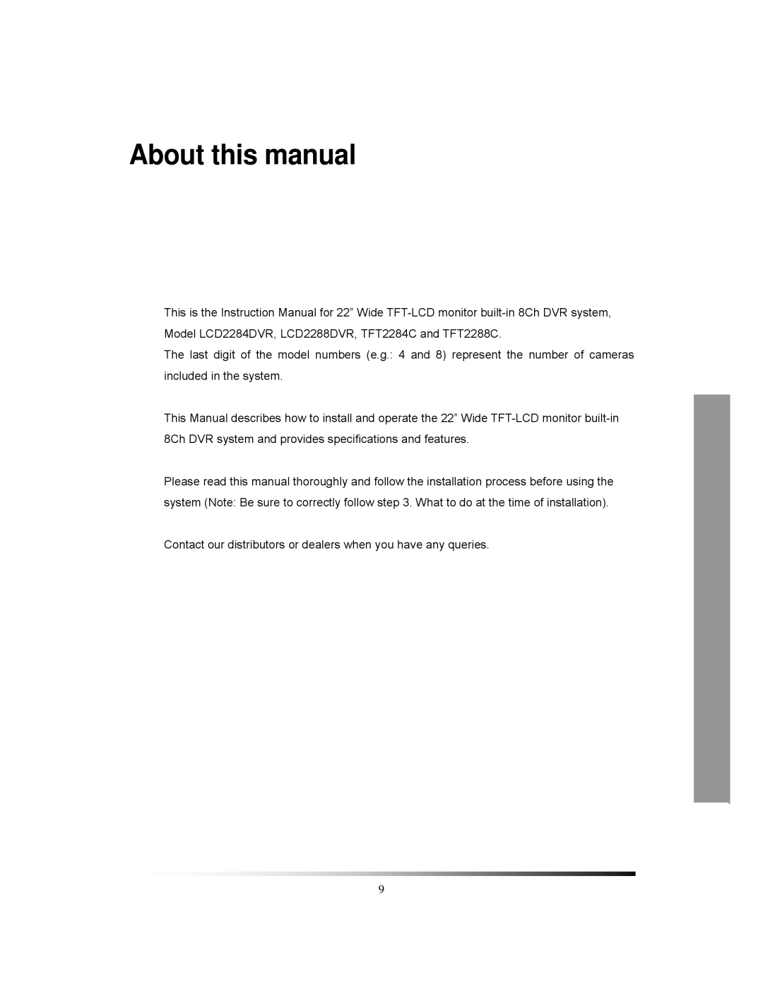 Clover Electronics TFT2288C, TFT2284C, LCD2284DVR, LCD2288DVR instruction manual About this manual 