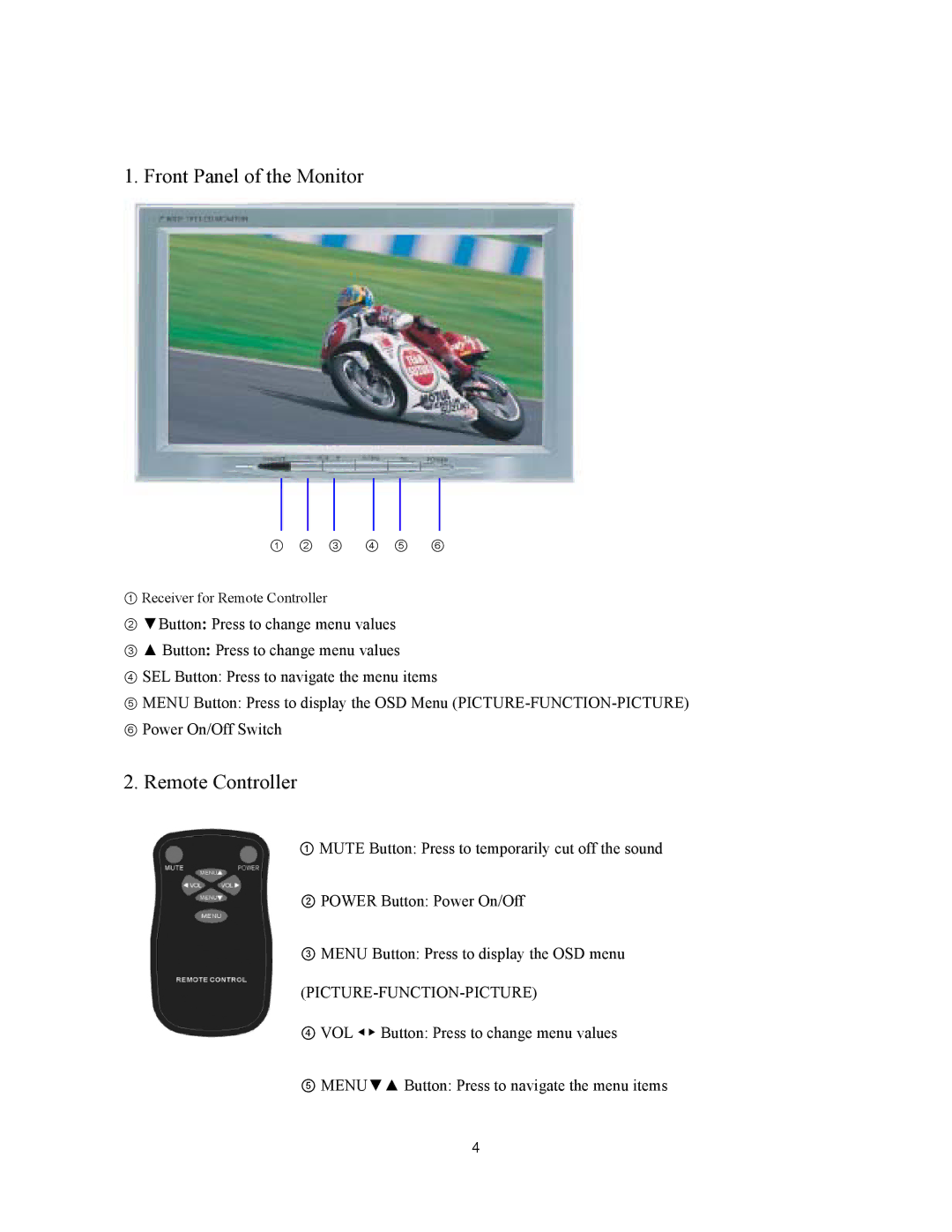 Clover Electronics TFT7001 manual Front Panel of the Monitor 