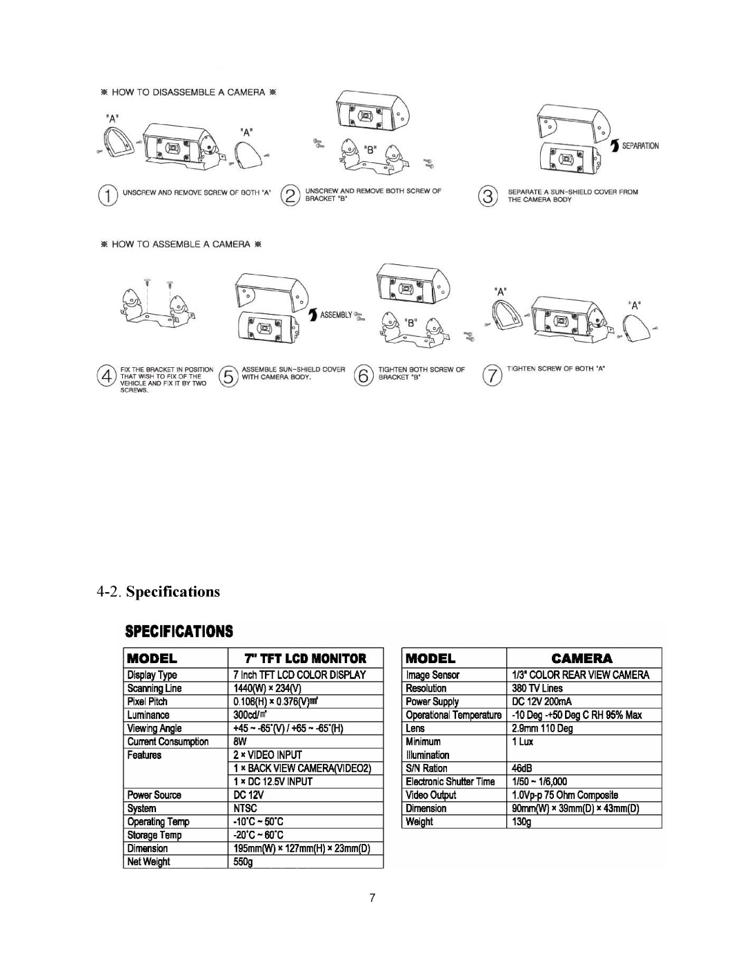 Clover Electronics TFT7001 manual Specifications 