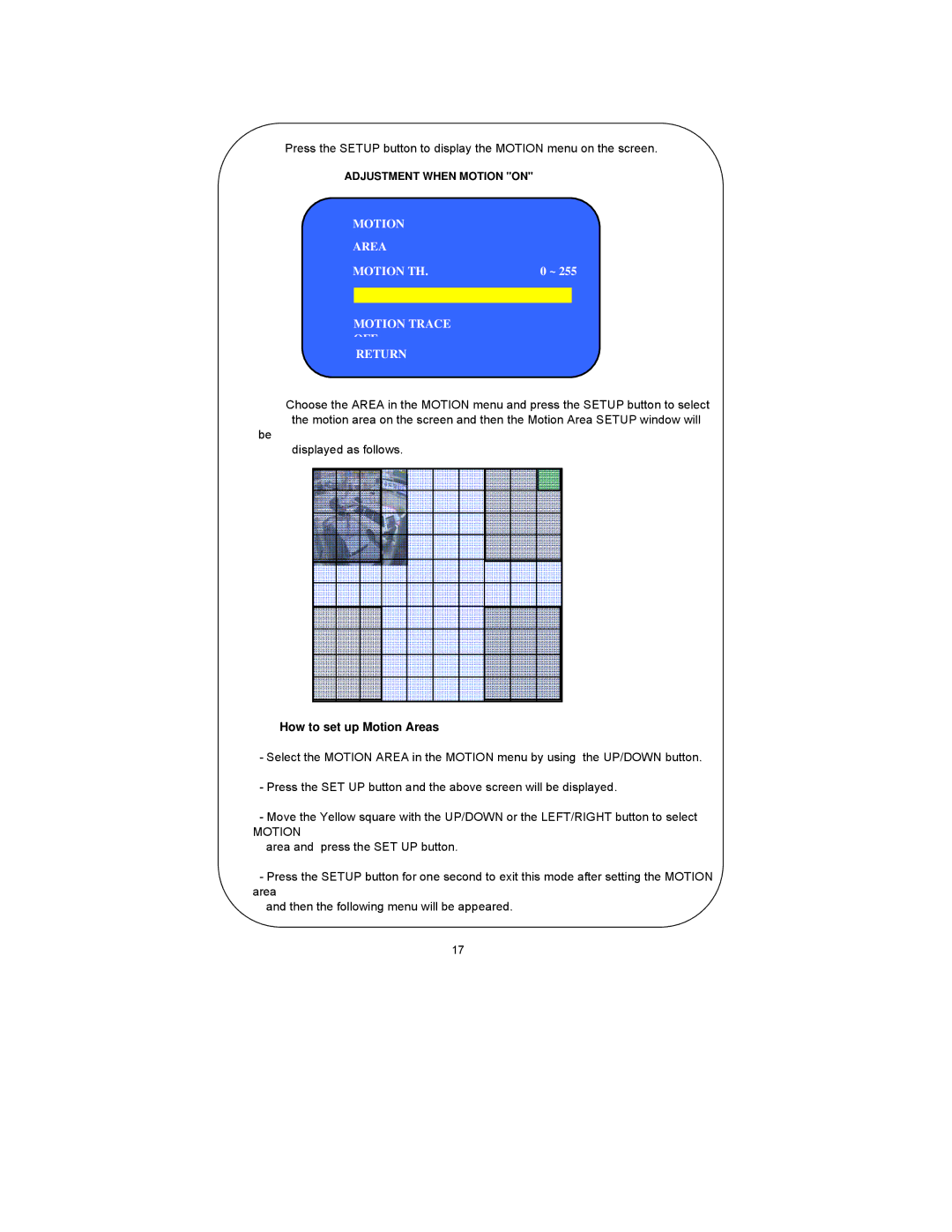 Clover Electronics Z570 instruction manual Motion Area Motion TH Motion Trace OFF Return, How to set up Motion Areas 