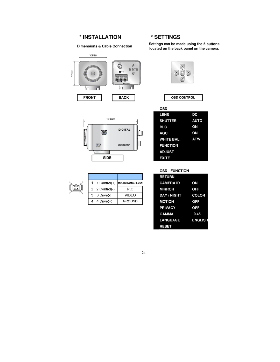 Clover Electronics Z570 instruction manual Dimensions & Cable Connection, Front Back, Side, OSD Function 