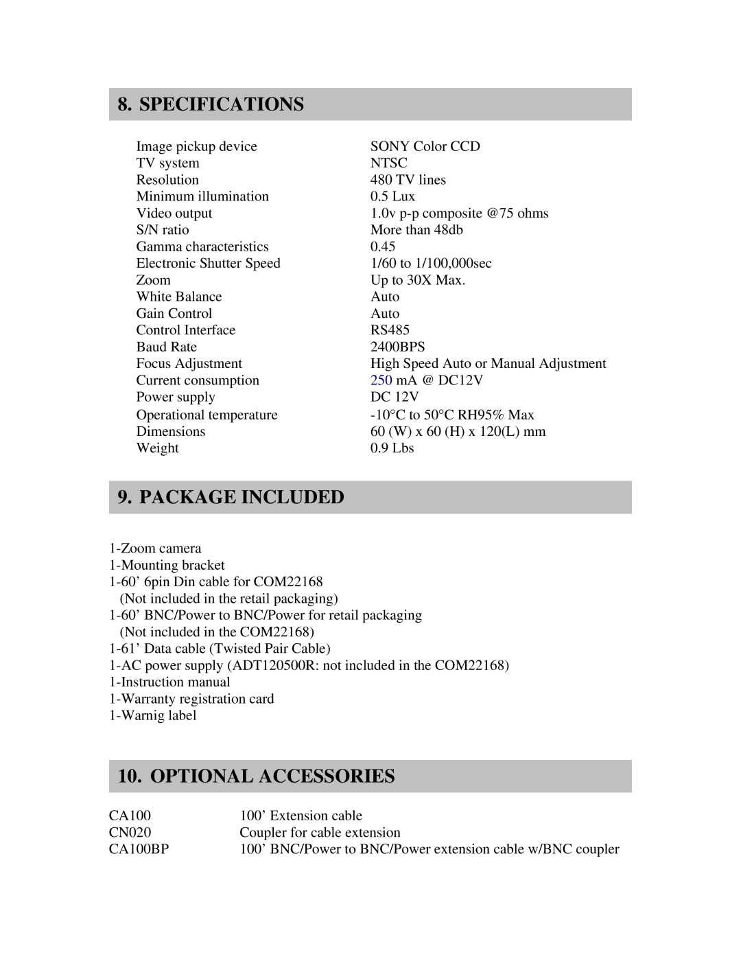 Clover Electronics Z670 instruction manual Specifications, Package Included, Optional Accessories, Ntsc, CA100BP 