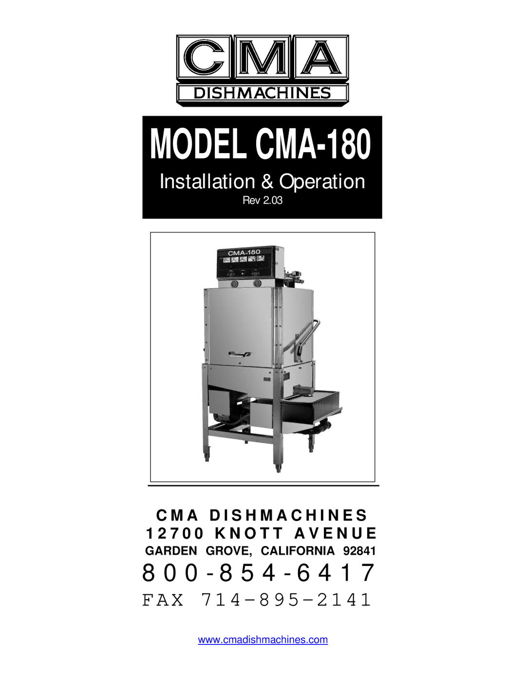 CMA Dishmachines manual Model CMA-180 