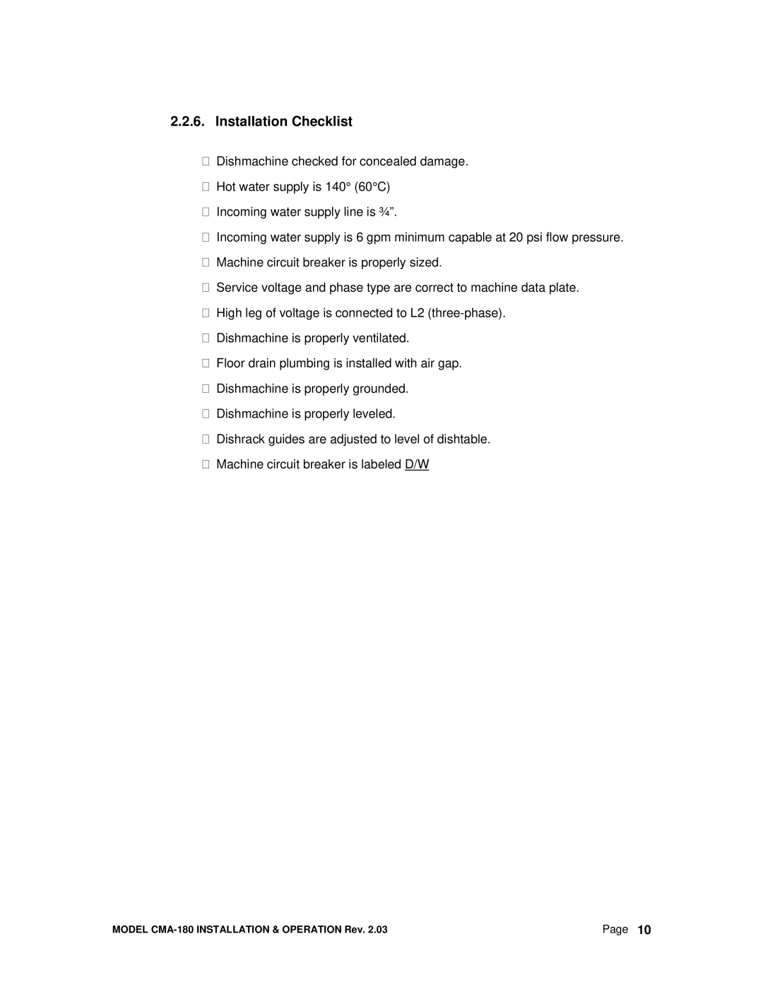 CMA Dishmachines CMA-180 manual Installation Checklist 