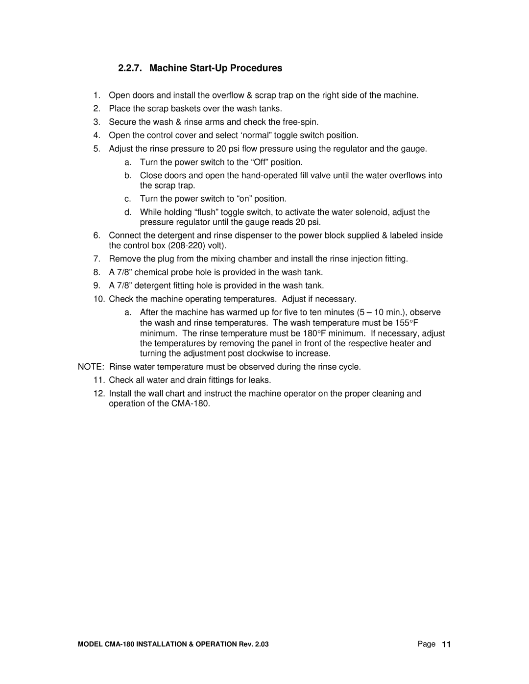 CMA Dishmachines CMA-180 manual Machine Start-Up Procedures 