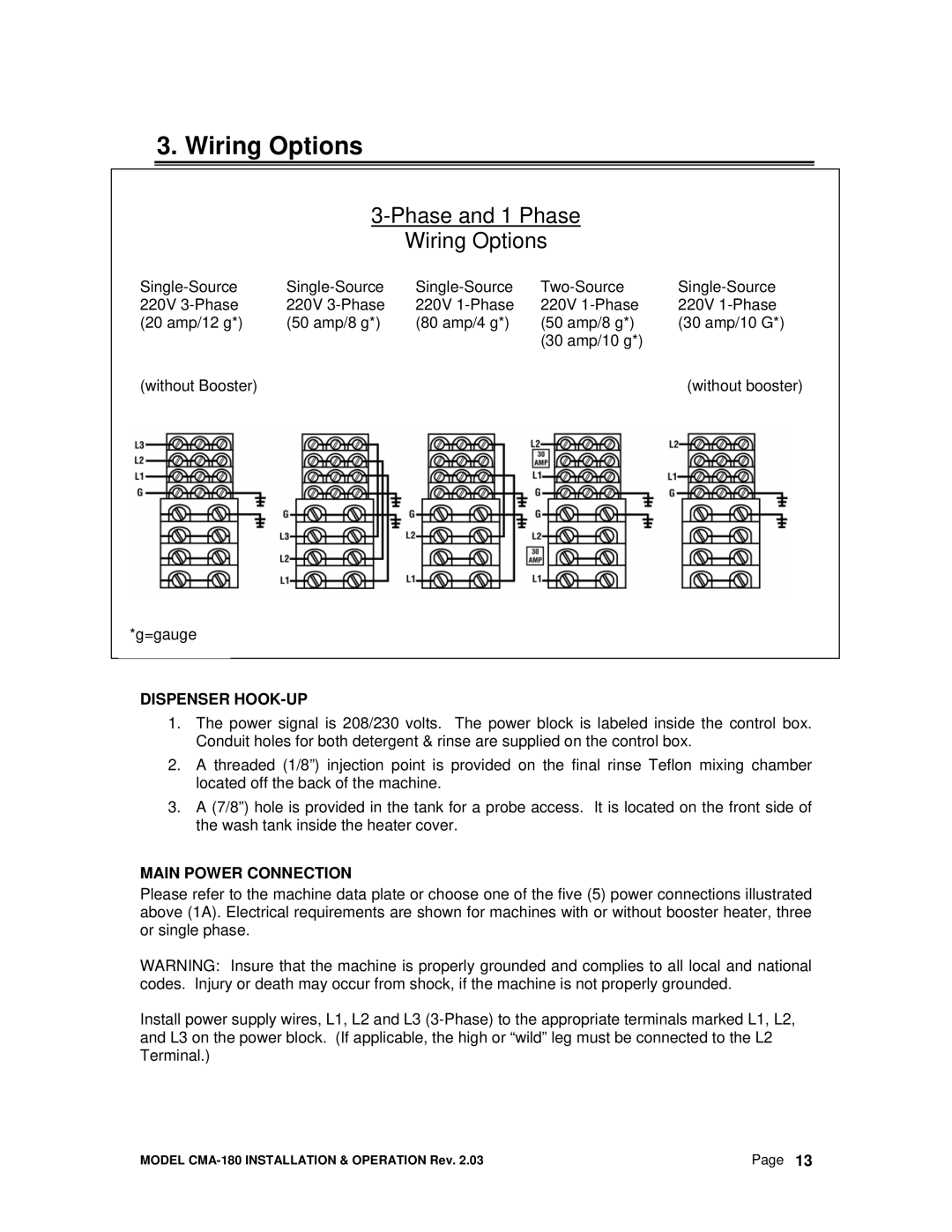 CMA Dishmachines CMA-180 manual Phase and 1 Phase Wiring Options 