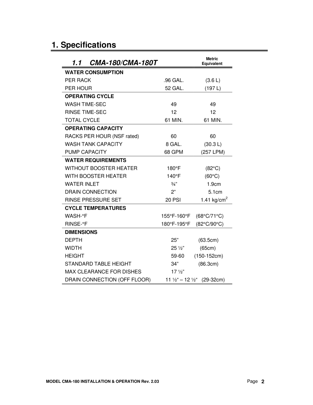 CMA Dishmachines manual Specifications, CMA-180/CMA-180T 