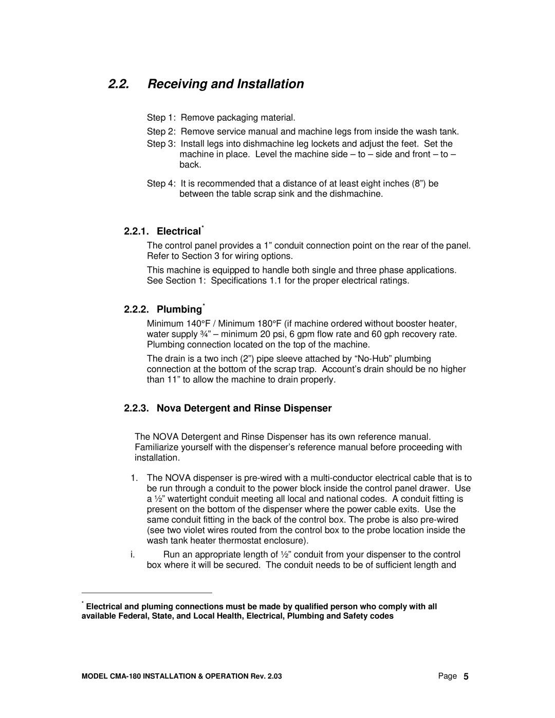 CMA Dishmachines CMA-180 manual Electrical, Plumbing, Nova Detergent and Rinse Dispenser 