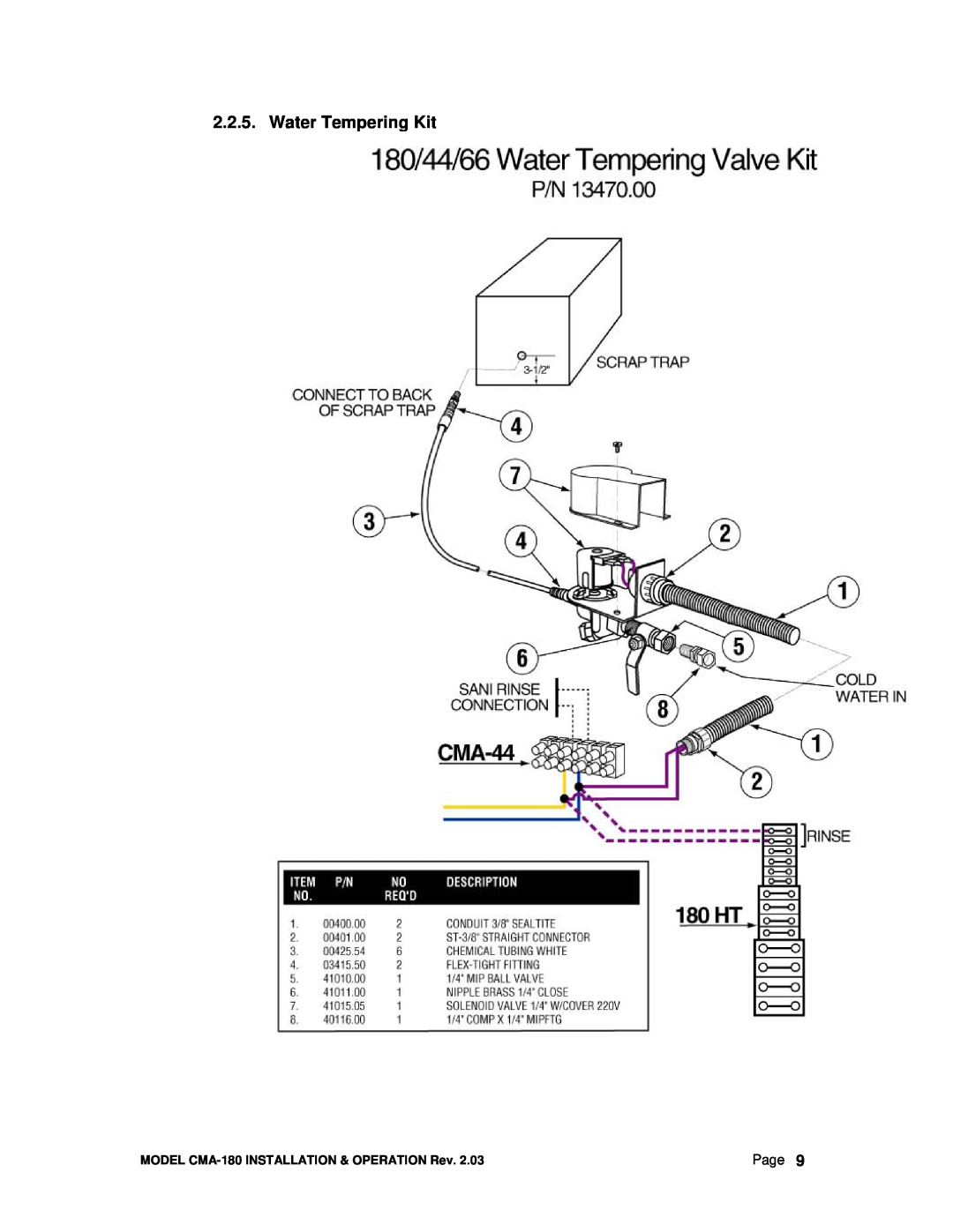 CMA Dishmachines manual Water Tempering Kit, Page, MODEL CMA-180INSTALLATION & OPERATION Rev 