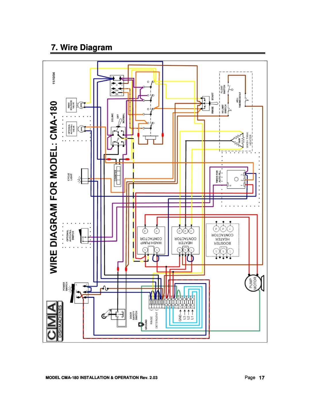 CMA Dishmachines manual Wire Diagram, Page, MODEL CMA-180INSTALLATION & OPERATION Rev 