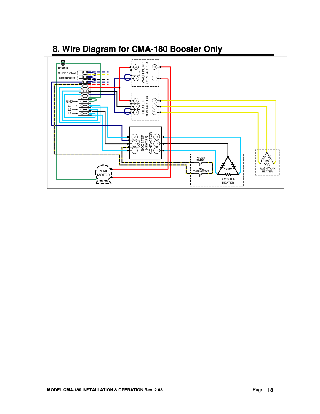 CMA Dishmachines Wire Diagram for CMA-180Booster Only, Page, MODEL CMA-180INSTALLATION & OPERATION Rev, Pump Motor 