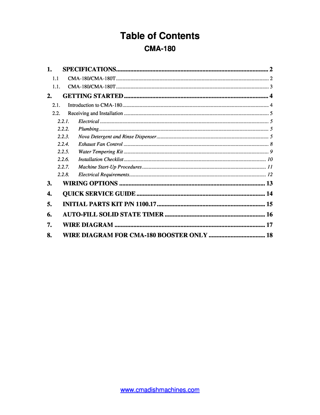 CMA Dishmachines CMA-180 manual Table of Contents 