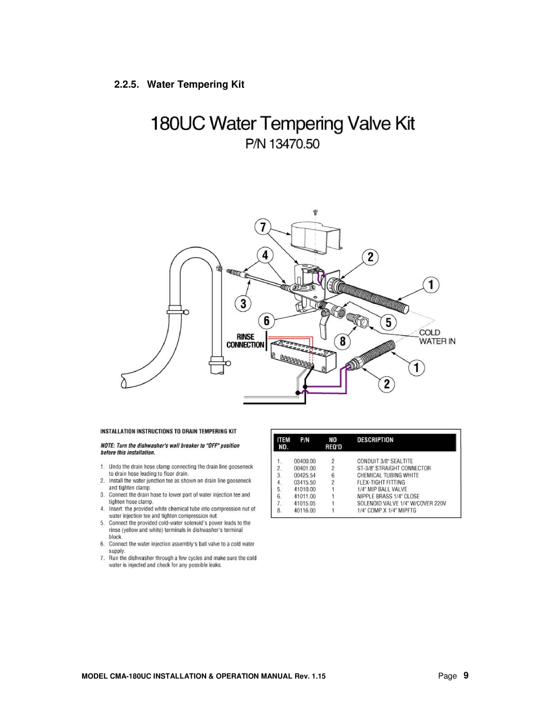 CMA Dishmachines CMA-180UC manual Water Tempering Kit 