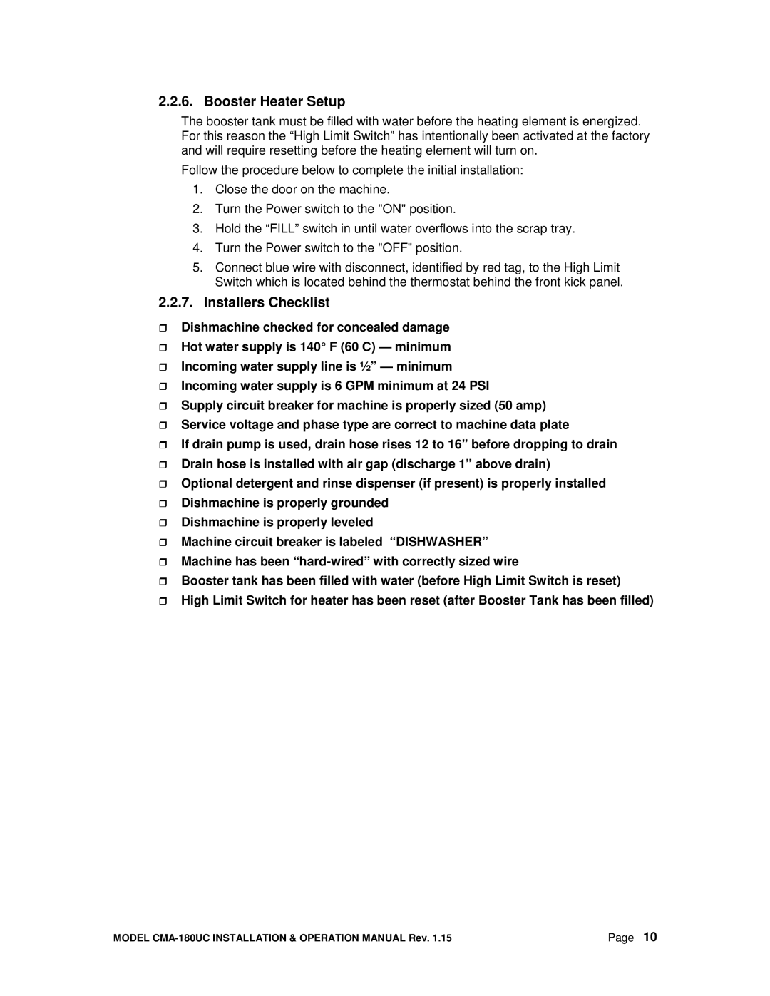 CMA Dishmachines CMA-180UC manual Booster Heater Setup, Installers Checklist 