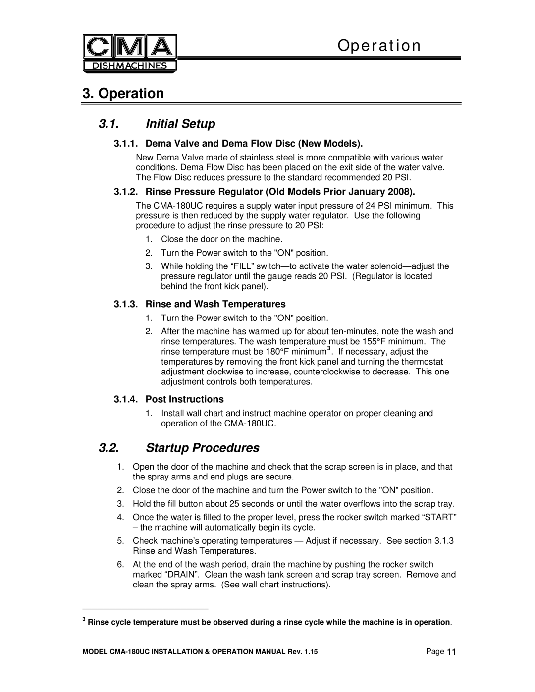 CMA Dishmachines CMA-180UC manual Initial Setup, Startup Procedures 