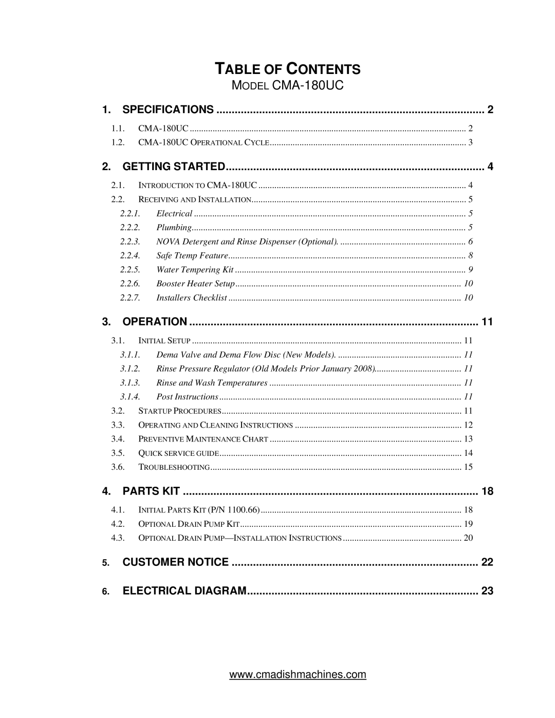 CMA Dishmachines CMA-180UC manual Table of Contents 