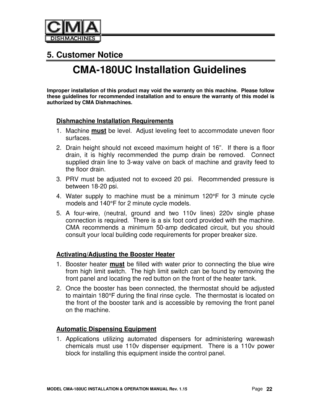 CMA Dishmachines manual CMA-180UC Installation Guidelines 