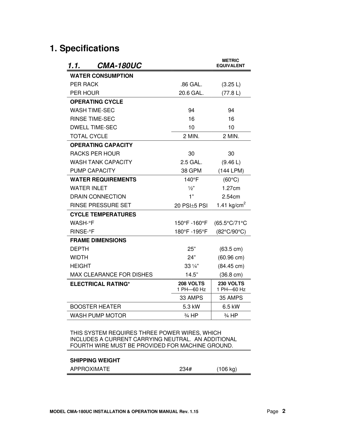 CMA Dishmachines CMA-180UC manual Specifications 