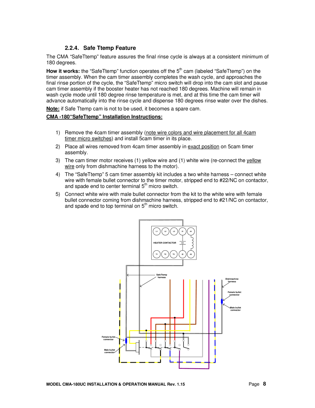 CMA Dishmachines CMA-180UC manual Safe Ttemp Feature, CMA -180SafeTtemp Installation Instructions 