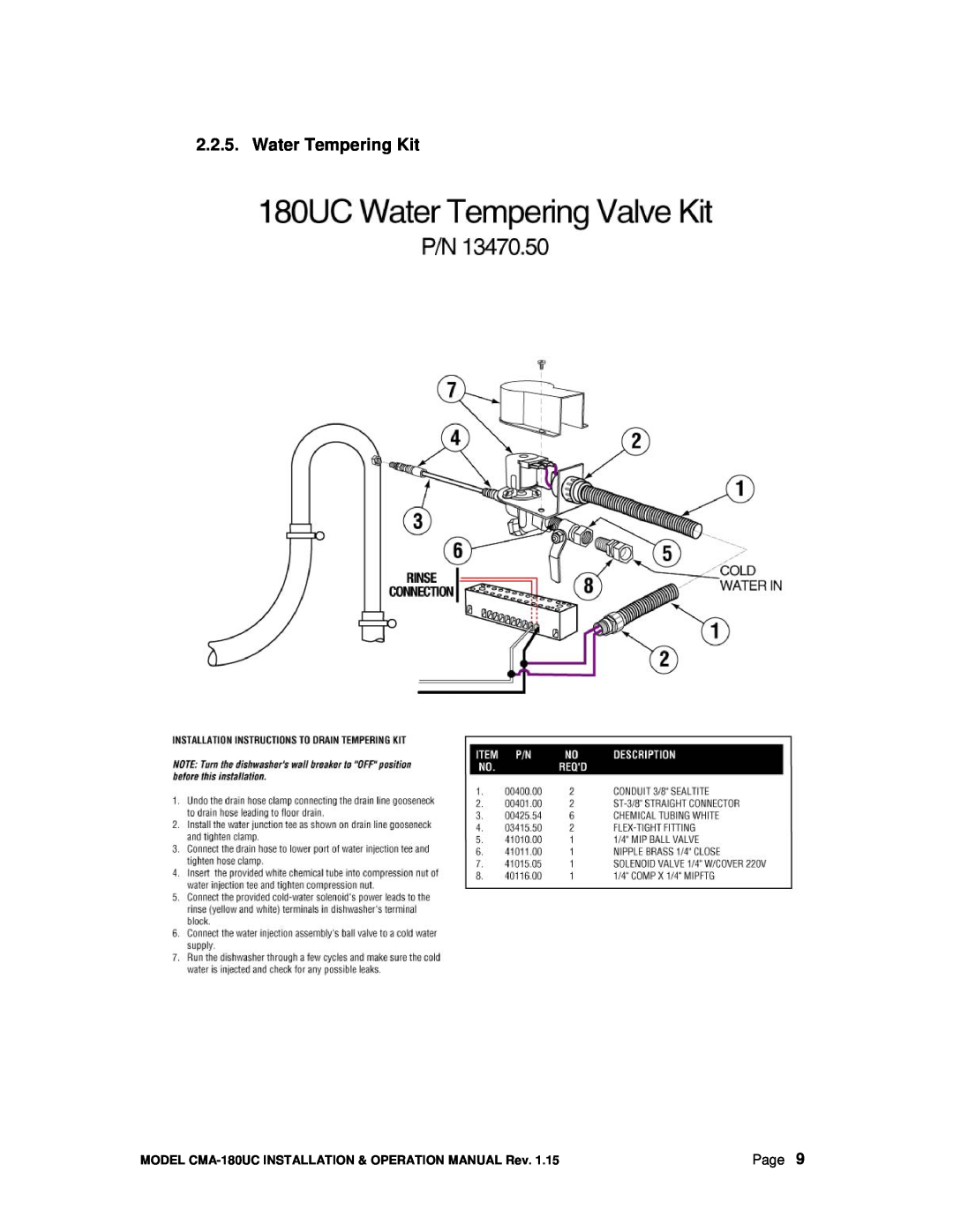 CMA Dishmachines CMA-180UC manual Water Tempering Kit, Page 