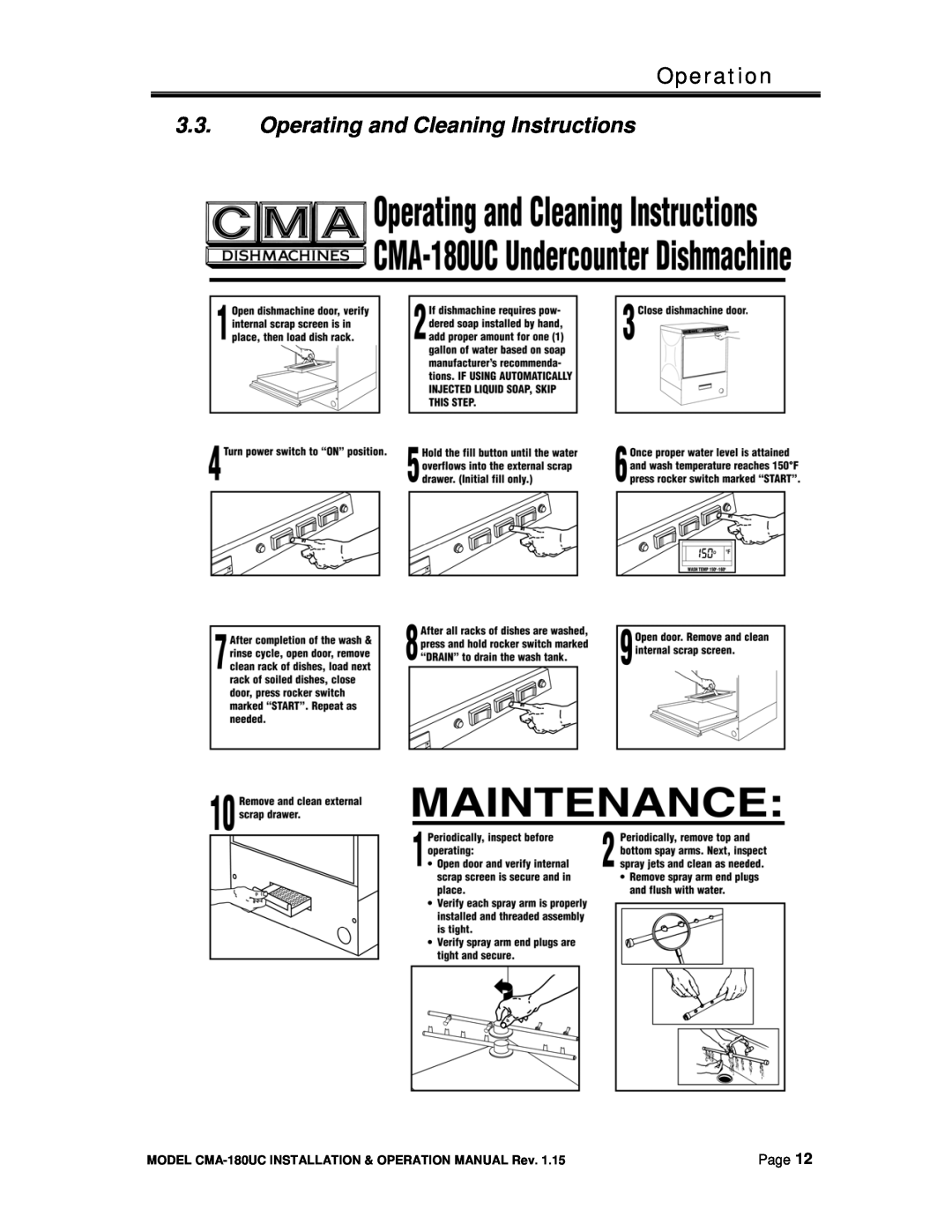 CMA Dishmachines CMA-180UC manual Operation, Operating and Cleaning Instructions, Page 