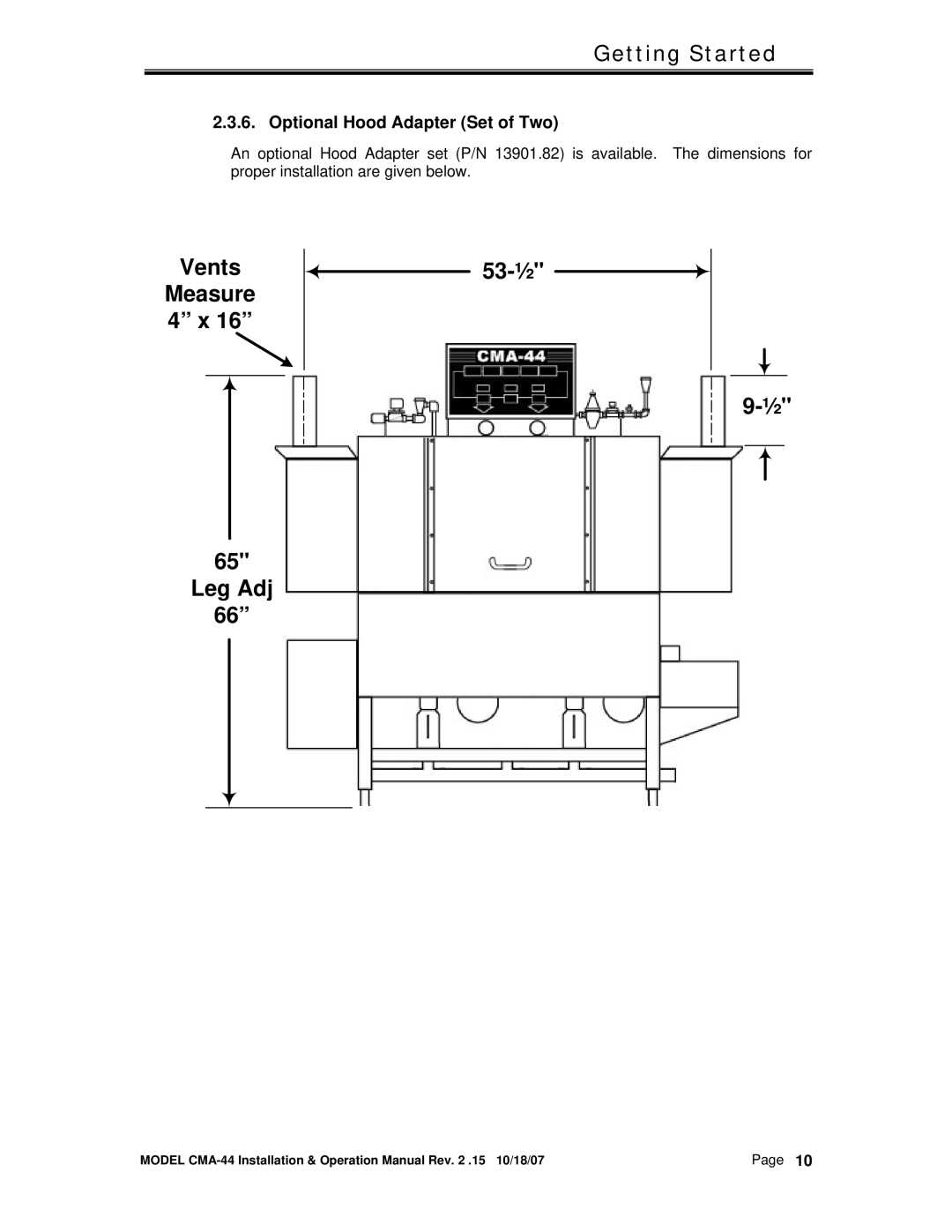 CMA Dishmachines CMA-44 manual Optional Hood Adapter Set of Two 