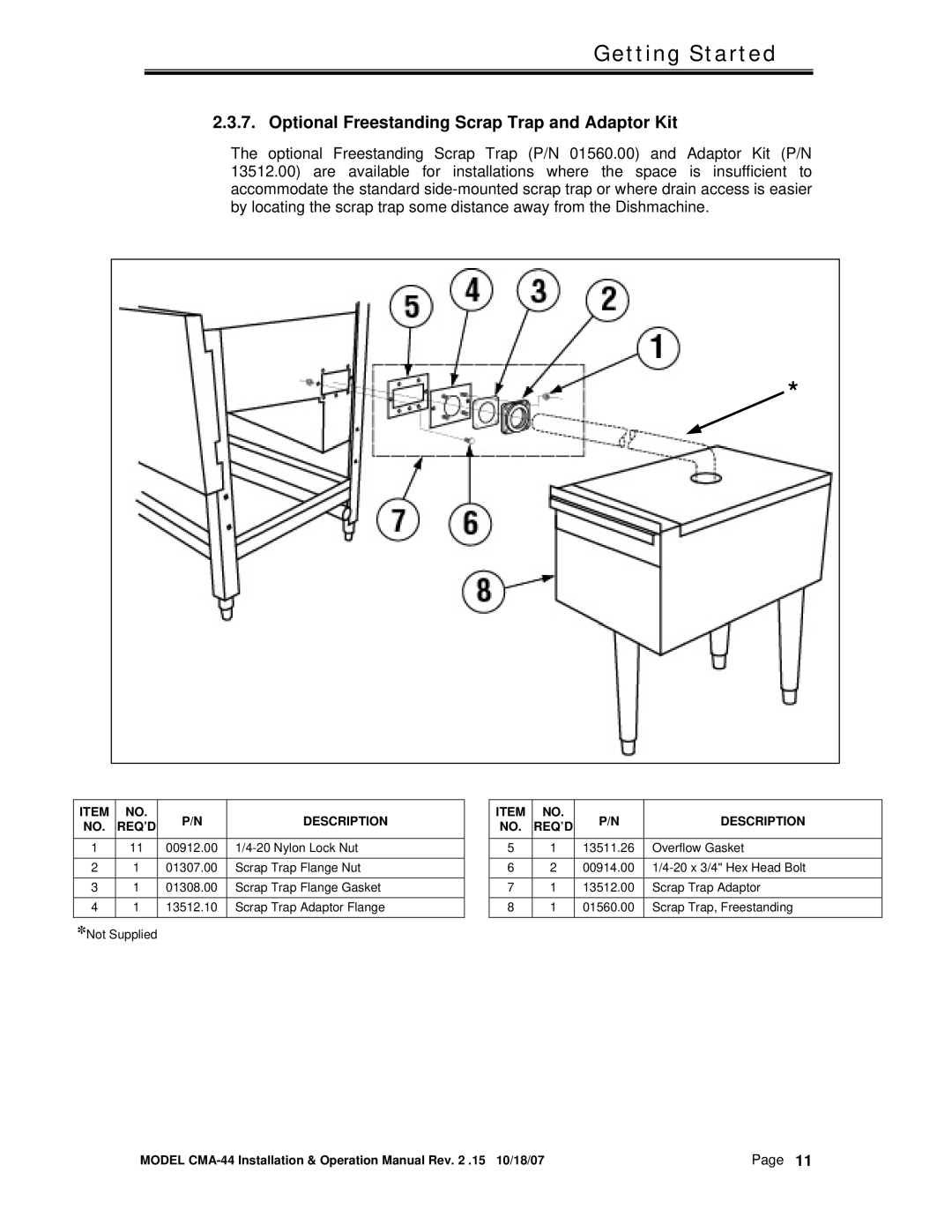 CMA Dishmachines CMA-44 manual Optional Freestanding Scrap Trap and Adaptor Kit 