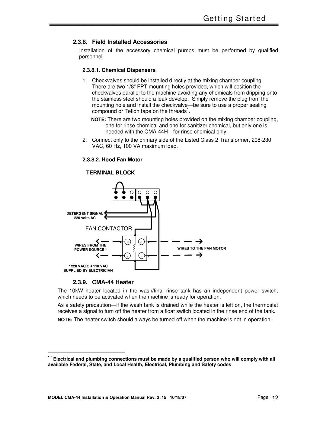 CMA Dishmachines manual Field Installed Accessories, CMA-44 Heater 