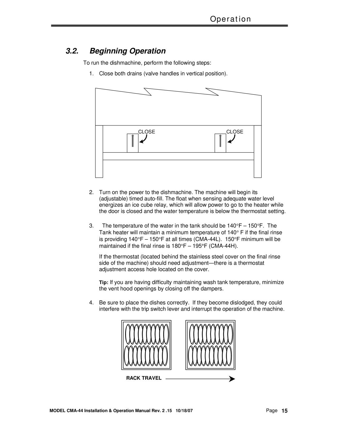 CMA Dishmachines CMA-44 manual Beginning Operation 