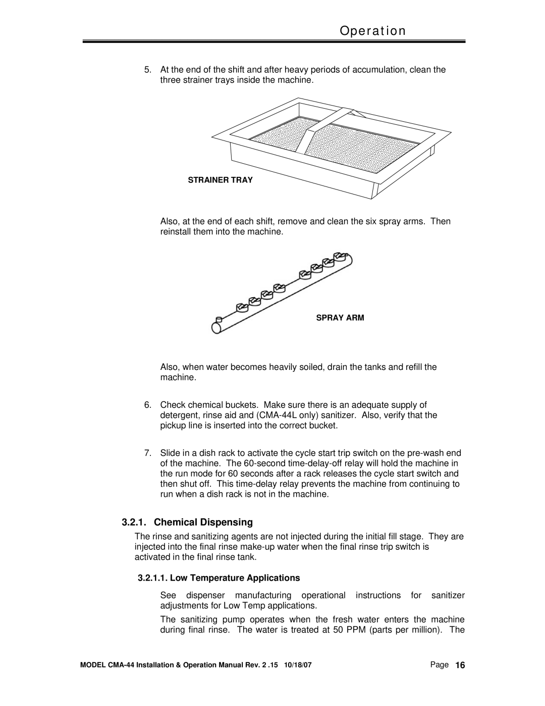 CMA Dishmachines CMA-44 manual Chemical Dispensing, Low Temperature Applications 